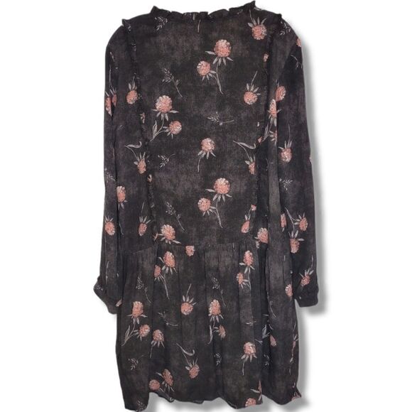 Caslon Black Dress Pink Floral Print LS Scoop Tie Ruffle Accents Drop Waist S - Picture 2 of 13